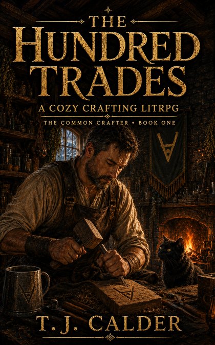 The Hundred Trades — a weathered craftsman cutting a maker's mark into a block of oak by firelight, a black cat watching.